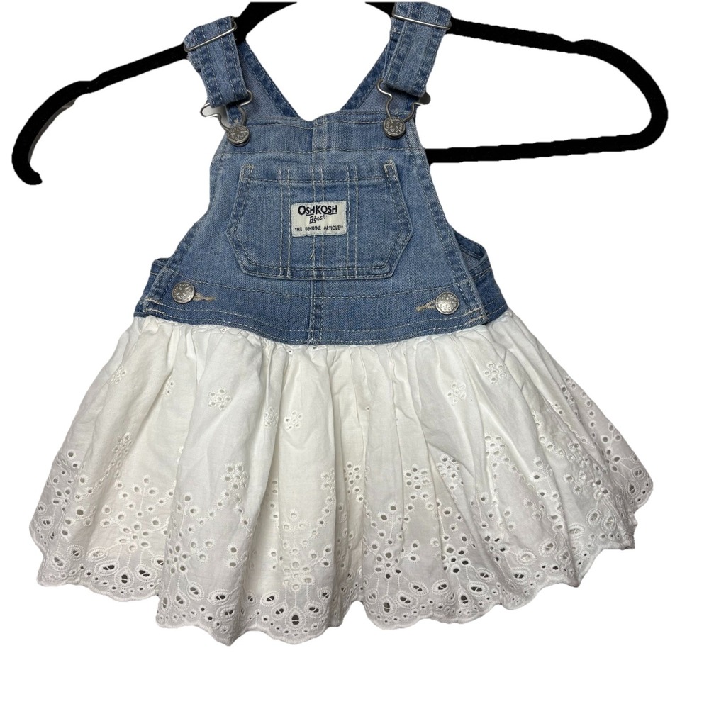 Osh Kosh B'Gosh Denim Overall Lace Dress‎ Sz 9 Mo Vestbak Eyelet Bottom